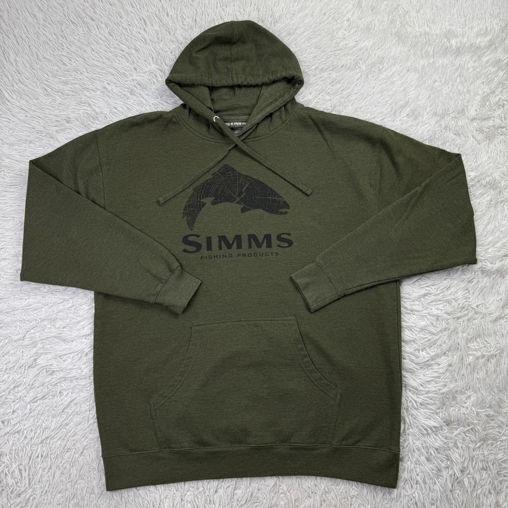 Simms Sweater Mens 2XL Green Wood Trout Fill Hoodie Fleece Sweatshirt Fishing